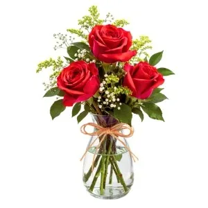 Arranjo com 3 Rosas Vermelhas no Vaso de Vidro