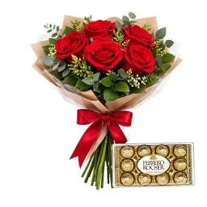 Ramalhete com 6 Rosas Vermelhas + Ferrero Rocher