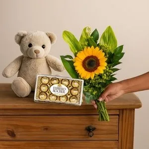 Girassol com Pelúcia e Ferrero Rocher
