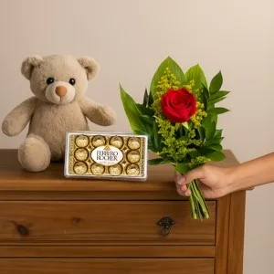 Rosa para Presente com Pelúcia e Ferrero Rocher