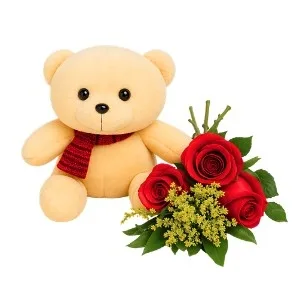 Arranjo de 3 Rosas Vermelhas com Pelúcia