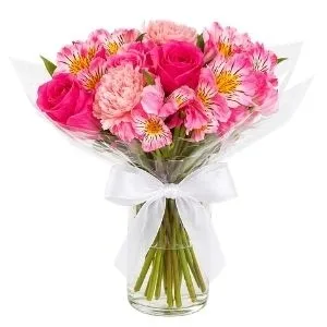 Arranjo de flores mistas em tons rosados no Vaso de Vidro