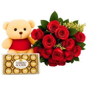 Buquê com 12 Rosas Vermelhas, Chocolate e Pelúcia