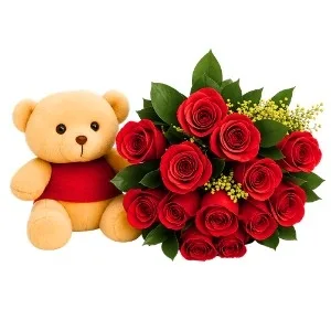 Buquê de 12 Rosas Vermelhas com Pelúcia