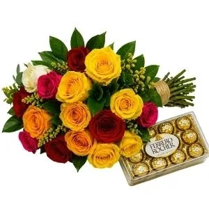 Buquê de 15 Rosas Coloridas com Chocolate
