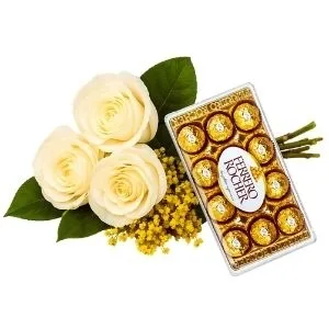 Buquê de 3 Rosas Brancas com Chocolate