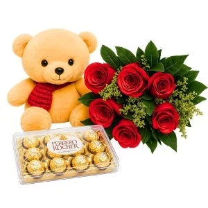 Buquê de 6 Rosas Vermelhas com Chocolate e Pelúcia