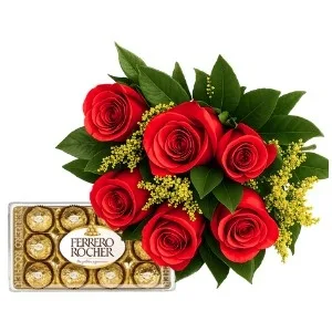 Buquê de 6 Rosas Vermelhas com Chocolate