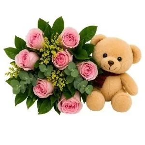 Buquê de 7 Rosas Rosadas com Pelúcia
