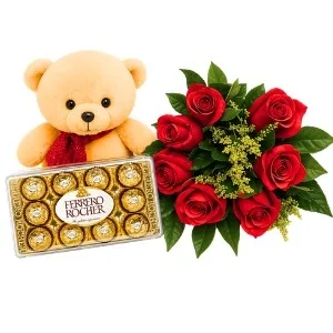 Buquê de 7 Rosas Vermelhas com Urso de Pelúcia e chocolate