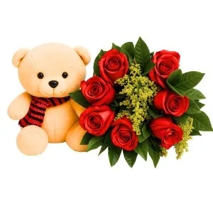 Buquê de 7 Rosas Vermelhas e Pelúcia