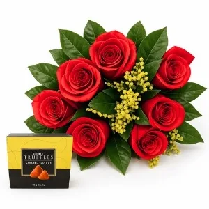 Buquê de 7 Rosas Vermelhas e Trufa Belga