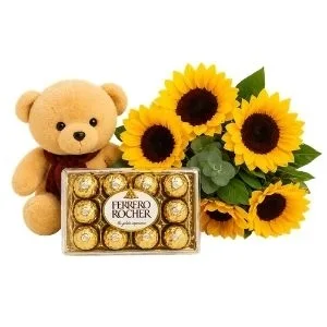 Buquê de Girassol com Pelúcia e Chocolate