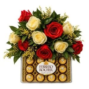 Buquê de Rosas Brancas e Vermelhas com Chocolate