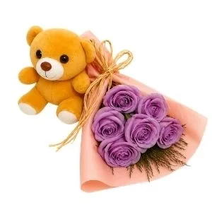Buquê de Rosas Lilás e Pelúcia
