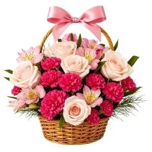 Cesta de Rosas e Astromélias Rosadas