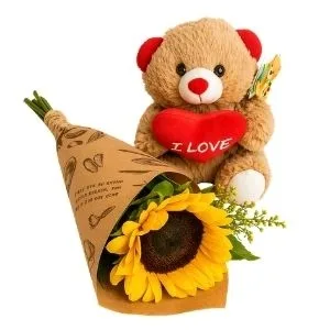 Girassol Solitário com Urso de pelúcia