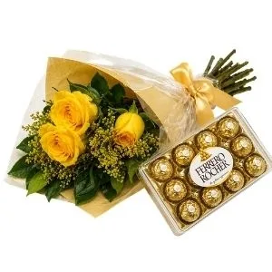 Ramalhete de 3 Rosas Amarelas com Chocolate