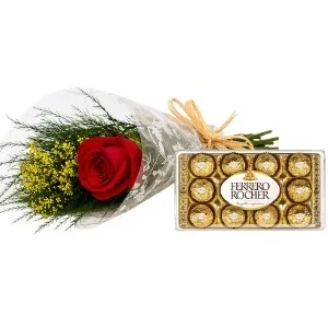 Rosa solitária vermelha com Ferrero Rocher