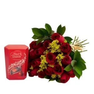 Buquê de 15 Rosas Vermelhas e Chocolates Lindor