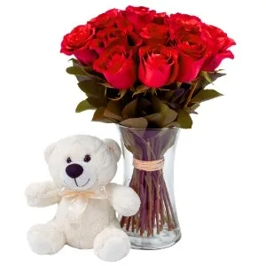 Amor de 24 Rosas Vermelhas no Vidro com Pelúcia