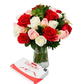 Amor de 36 Rosas Três Cores no Vidro com Raffaello