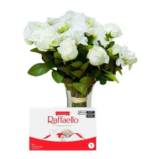Amor de Rosas Brancas e Orquídeas no Vidro e Raffaello