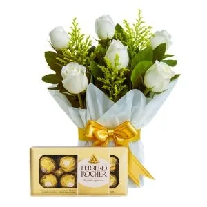 Box Sweet White Roses Celofane com Chocolates