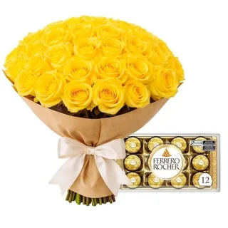 Buquê Amor Dourado - 25 Rosas Amarelas com Chocolates