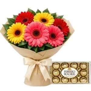 Buquê Tradicional de 06 Gerberas Coloridas e Ferrero Rocher