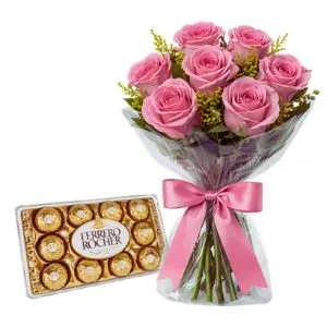 Buquê Tradicional de 07 Rosas Rosas e Chocolate