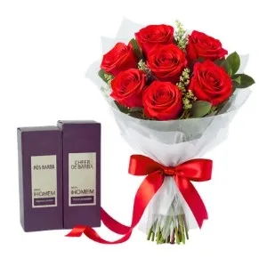 Buquê Tradicional de 07 Rosas Vermelhas e Natura Homem