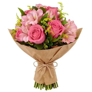 Buquê Tradicional de 08 Rosas e Astromélias Rosas