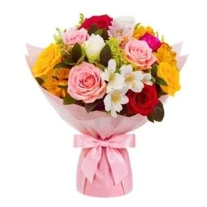 Buquê Tradicional de 12 Rosas e Astromélias Coloridas