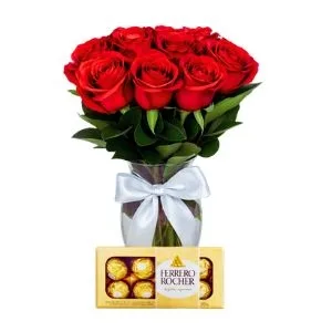 Explosão de Amor de 15 Rosas Vermelhas no Vidro e Ferrero