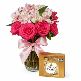 Explosão de Carinho Astromélias e Rosas Rosas no Vidro com Chocolate