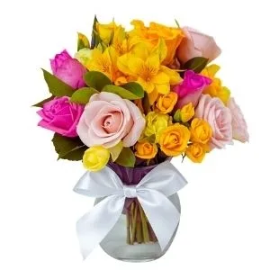 Explosão de Carinho Astromélias, Rosas e Lisianthus no Vidro