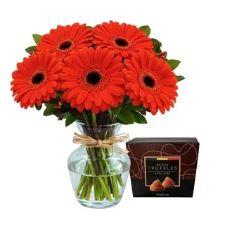 Love Gerberas Laranjas no Vidro e Bombons Truffles