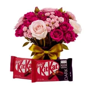 Mini Amor de Flores Rosas no Vidro com Chocolates