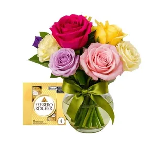 Mini Amor de Rosas e Lisianthus Coloridos no Vidro com Ferrero Rocher