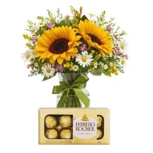 Mix de Flores Girassóis, Margaridas no Vidro e Chocolate