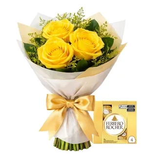 Ramalhete de 03 Rosas Amarelas e Ferrero Rocher