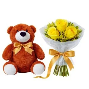 Ramalhete de 03 Rosas Amarelas e Pelúcia