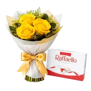 Ramalhete de 03 Rosas Amarelas e Raffaello