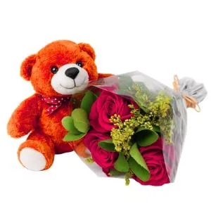 Ramalhete de 03 Rosas Vermelhas e Pelúcia