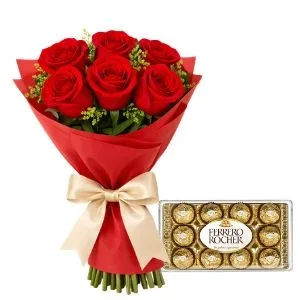 Ramalhete de 06 Rosas Vermelhas e Ferrero Rocher
