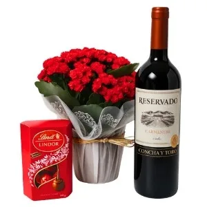 Vaso Kalanchoe Vermelha com Lindth e Vinho