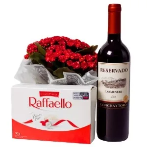 Vaso Kalanchoe Vermelha com Raffaello e Vinho