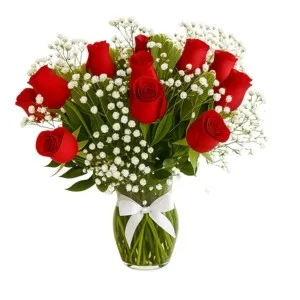 Arranjo de 12 Rosas Vermelhas no Vaso de Vidro