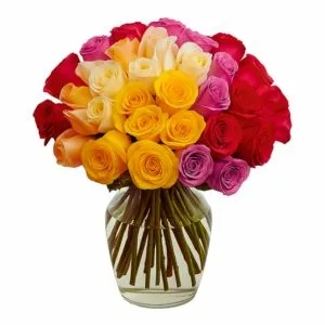 Arranjo de 40 Rosas Coloridas no vaso de Vidro